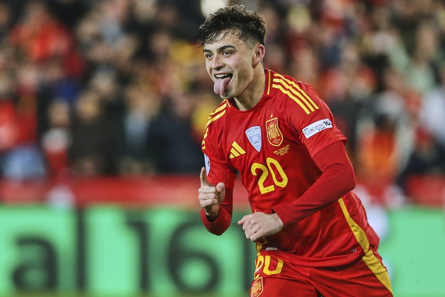 Nachrichten Linkding Spain's Pedri celebrates after scoring the victory goal during the UEFA Nations League quarterfinal second leg match between the Netherlands and Spain at Mestalla stadium in Valencia, Spain, Sund ...