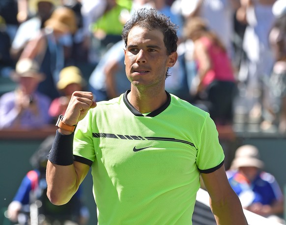 Mar 14, 2017; Indian Wells, CA, USA; Rafael Nadal (ESP) reacts after defeating Fernando Verdasco (ESP) during his fourth round match in the BNP Paribas Open at the Indian Wells Tennis Garden. Mandator ...