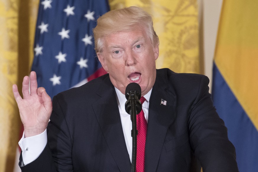 epa05973142 US President Donald J. Trump responds to a question from a member of the news media during a joint news conference with President of Colombia Juan Manuel Santos (not pictured) in the East  ...