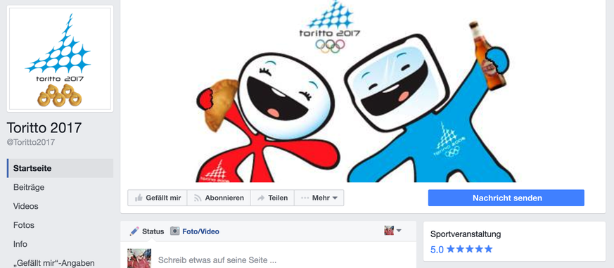 Die offizielle inoffizielle Facebook-Seite der Winter-Olympiade 2017 in Toritto – das Logo von «Torino 2006» lässt grüssen.