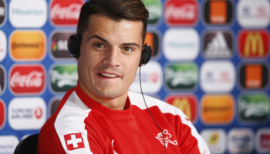 Football Soccer - EURO 2016 -Switzerland News Conference - Stade Pierre Mauroy - Lille, France 18/6/16 Switzerland&#039;s Granit Xhaka attends a news conference REUTERS/UEFA/Handout via REUTERS NO SAL ...