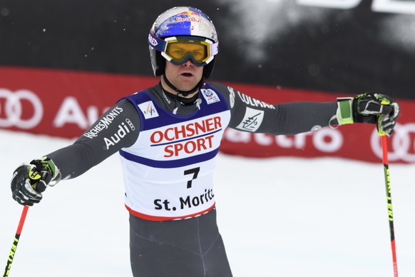 France&#039;s Alexis Pinturault reacts in the finish area during the second run of the men Giant Slalom race at the 2017 Alpine Skiing World Championships in St. Moritz, Switzerland, Friday, Feb. 17,  ...