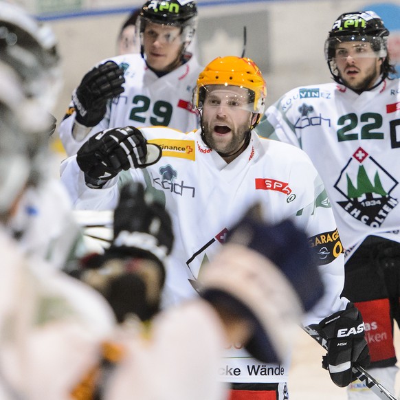 Le joueur soleurois Marco Truttmann, centre, fete le premier but avec ses coequipiers lors du 5eme match des 1/2 finale de playoff du championnat suisse de hockey sur glace LNB, entre le HC Red Ice Ma ...