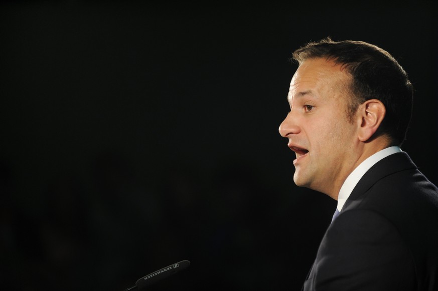 epa05976209 The Irish Minister for Social Protection, Leo Varadkar, speaks at the launch of his leadership campaign for the Fine Gael Party in Dublin, Ireland, 20 May 2017. Leo Varadkar is the favouri ...