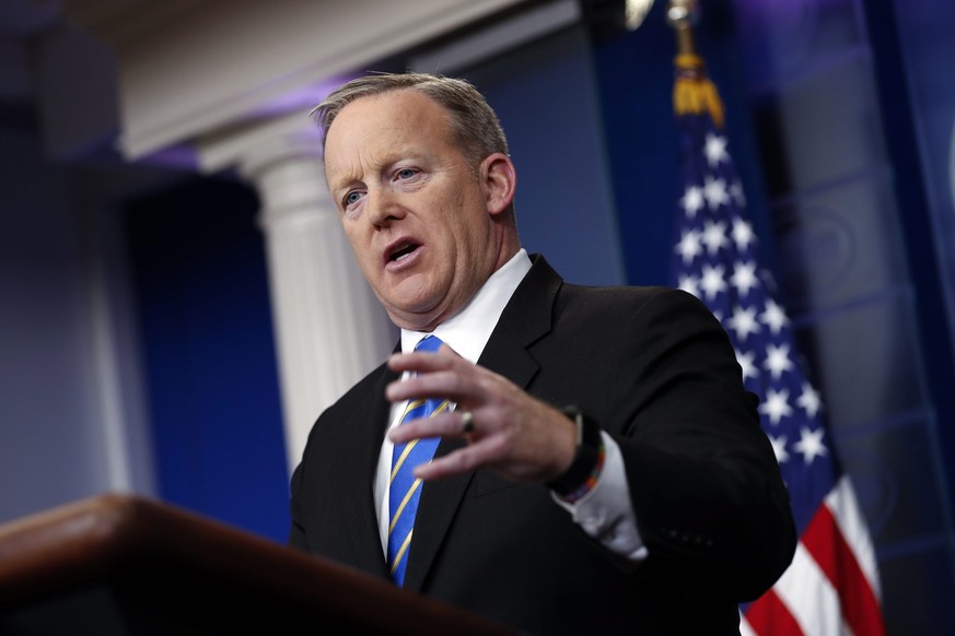 epa05747422 White House Press Secretary Sean Spicer responds to a question from the news media during a press conference in the Brady Press Briefing Room of the White House in Washington, DC, USA, 24  ...