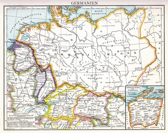 Raetia (gelb) auf einer historischen Karte aus «Droysens Historischem Handatlas» von 1886.