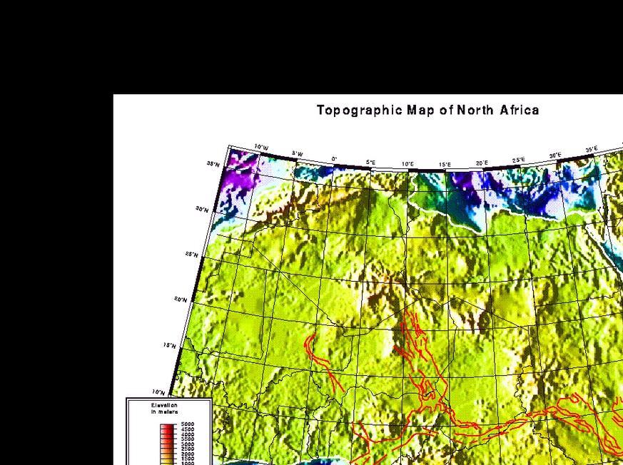 Topographische Karte Nordafrikas mit dem West- und Zentralafrikanischen Riftsystem (rot).&nbsp;