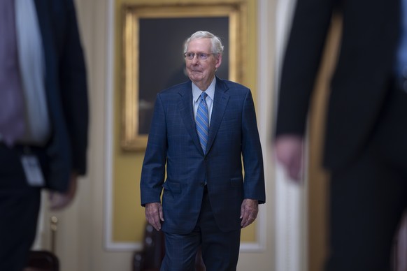 Nachrichten Linkding Senate Minority Leader Mitch McConnell, R-Ky., smiles as he walks to join other Republicans who will vote to replace him with a new leader, at the Capitol in Washington, Wednesday, Nov. 13, 2024. (AP  ...