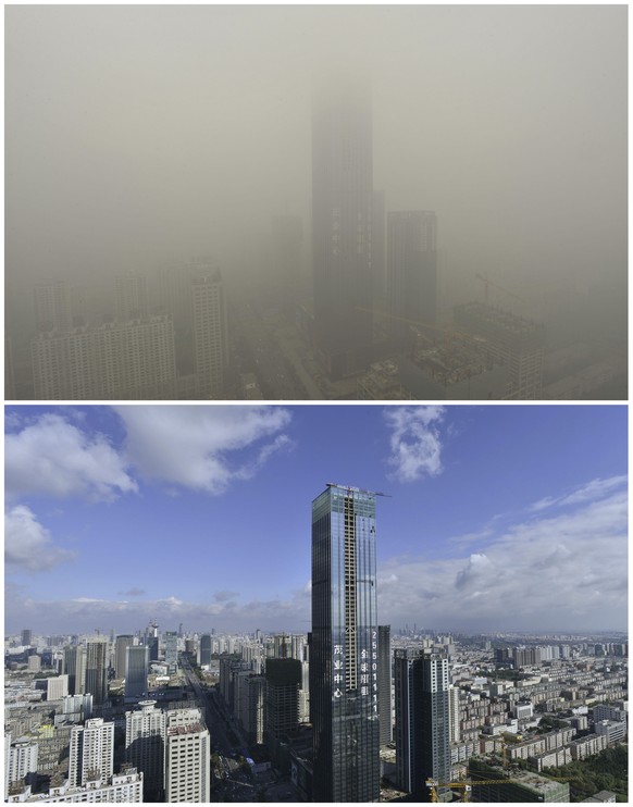 Ein 75-stöckiger Wolkenkratzer in Shenyang/Provinz Liaoning am 11.10.2013 an einem Smogtag und zum Vergleich bei klarer Sicht (unten)