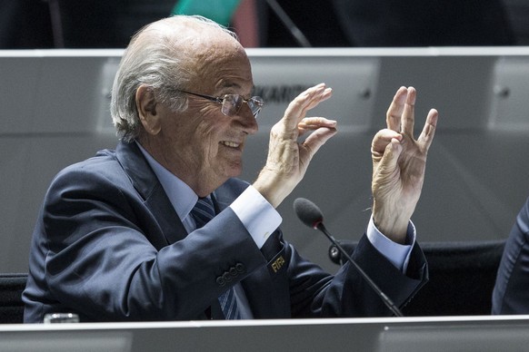 FIFA president Joseph S. Blatter gestures during the 65th FIFA Congress held at the Hallenstadion in Zurich, Switzerland, Friday, May 29, 2015. The FIFA congress will elect the FIFA president. (KEYSTO ...