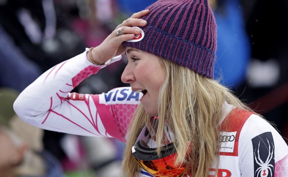 Mikaela Shiffrin, of the United States, reacts after winning the alpine skiing women&#039;s World Cup slalom in Killington, Vt., Sunday, Nov. 27, 2016. (AP Photo/Charles Krupa)