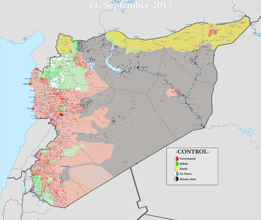 Rot: Von der Regierung kontrollierte Gebiete, Grün: Rebellen, Gelb: Kurden, Blau: al-Nusra-Front, Grau: Islamischer Staat (Stand: 11. September 2015)