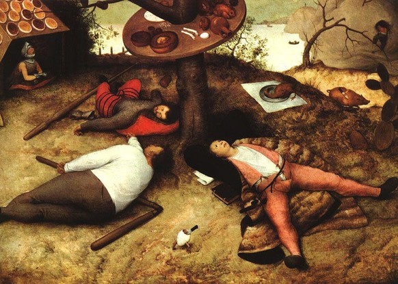 Gebratene Tauben würden uns trotz des BGE nicht in den Mund fliegen: «Das Schlaraffenland», Pieter Bruegel der Ältere, ca&nbsp;1567.