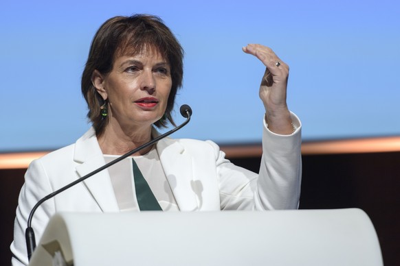 La presidente de la Confederation Doris Leuthard, s&#039;exprime, lors de la Journee de lÕeconomie dÕEconomiesuisse sur le theme des perspectives dÕavenir du numerique en Suisse, ce vendredi 25 aout 2 ...