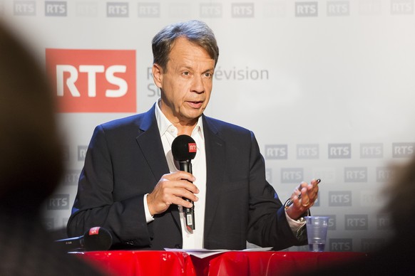 Gilles Marchand, directeur de la RTS, parle lors d&#039;une conference de presse de la Radio Television Suisse (RTS) sur le lancement de la nouvelle grille d&#039;Espace 2, ce jeudi 25 aout 2016, a La ...