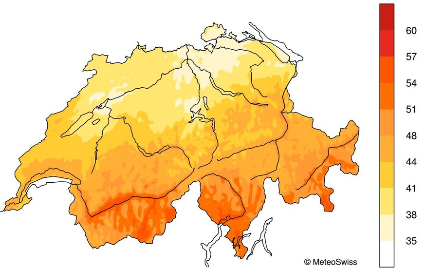 Sonnenscheindauer (30-Jahres-Mittel) 1981-2010 in % der maximal möglichen Dauer