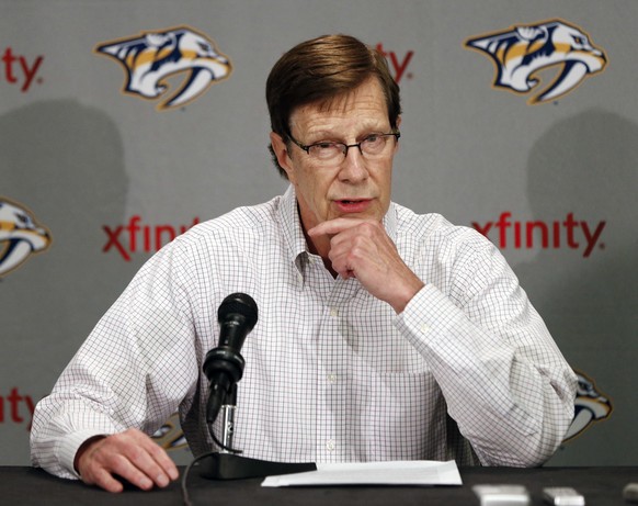 FILE - In this April 14, 2014, file photo, Nashville Predators general manager David Poile answers questions at a news conference in Nashville, Tenn. Top prospect Jimmy Vesey plans to test free agency ...