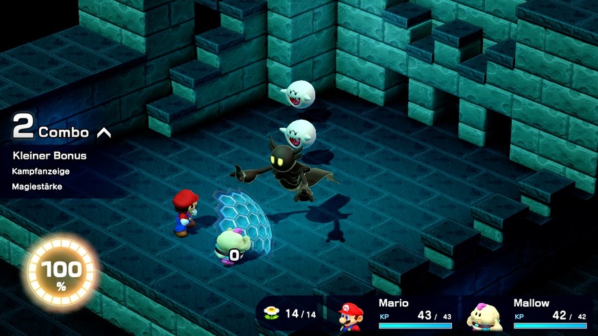 Nintendo Switch Die Kämpfe sind rundenbasiert. Richtig getimt könnt aber auf Knopfdruck eigene Attacken verstärken oder, wie hier, feindliche Angriffe meist vollständig blocken.
