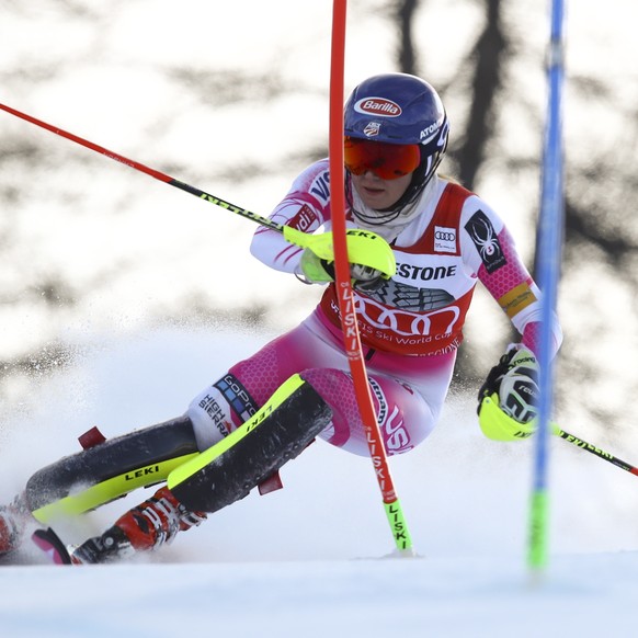 United States&#039; Mikaela Shiffrin competes during an alpine ski, women&#039;s World Cup slalom, in Sestriere, Italy, Sunday, Dec. 11, 2016. (AP Photo/Alessandro Trovati)