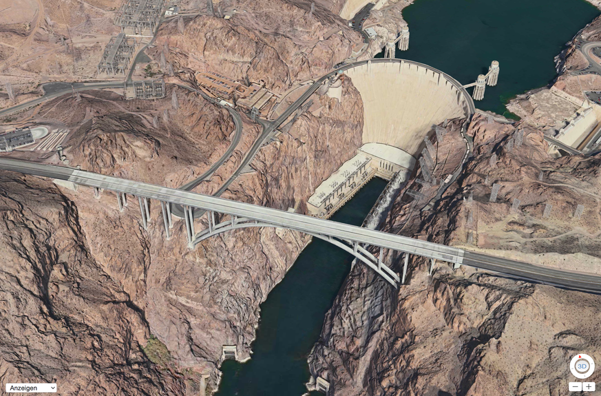 Die Hoover-Staumauer (mit Brücke im Vordergrund) sieht nun auch bei Apples 3D-Kartensicht passabel aus.