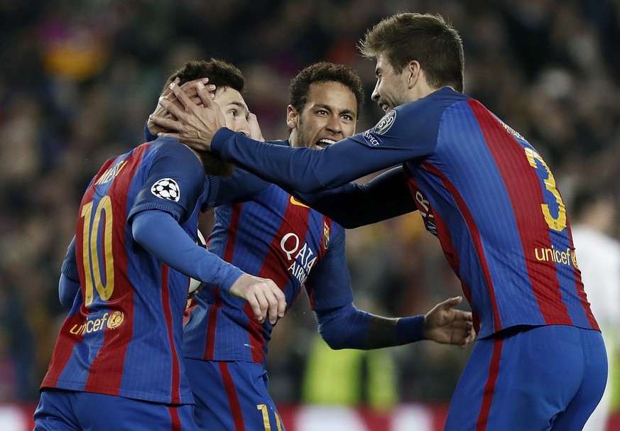 epa05837433 FC Barcelona&#039;s Lionel Messi (L) jubilates a goal with teammates Gerard Pique (R) and Neymar (C) during the UEFA Champions League Round of 16, second leg soccer match between FC Barcel ...