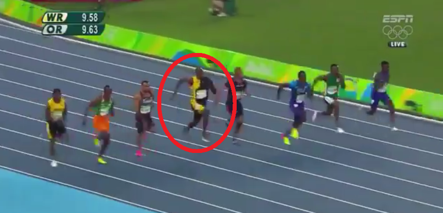 Nach dem Start liegt Bolt noch weit zurück, doch dann dreht er auf. Und wie!&nbsp;
