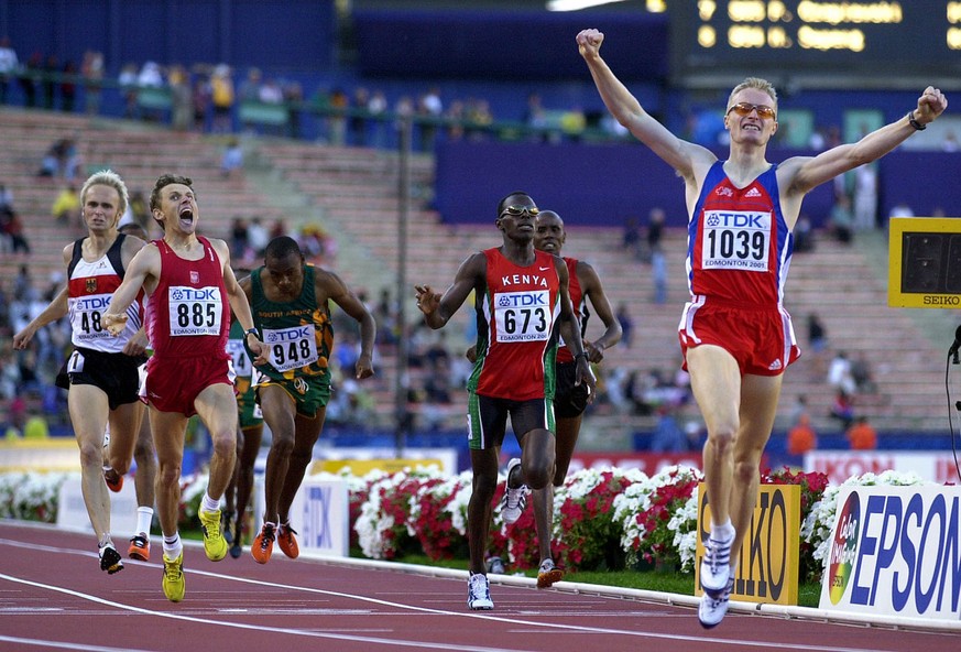 Switzerland&#039;s Andre Bucher (1039) celebrates as he wins the gold medal in the Men&#039;s 800 meters at the World Track and Field Championships at Commonwealth Stadium in Edmonton, Canada Tuesday  ...