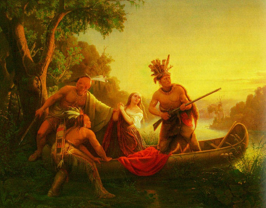 Mohawk-Indianer in der zeitgenössischen Wahrnehmung: «The Abduction of Daniel Boone's Daughter by the Indians» von&nbsp;Karl Ferdinand Wimar (1828–1862).