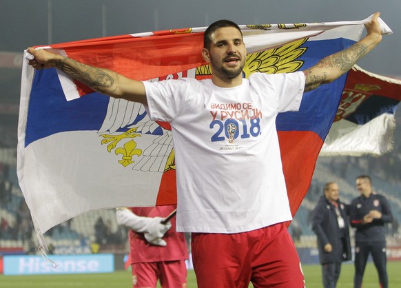 epa06255397 Aleksandar Mitrovic of Serbia celebrates after the FIFA World Cup 2018 Group D qualifying soccer match between Serbia and Georgia in Belgrade, Serbia, 09 October 2017. Serbia won 1-0 and q ...