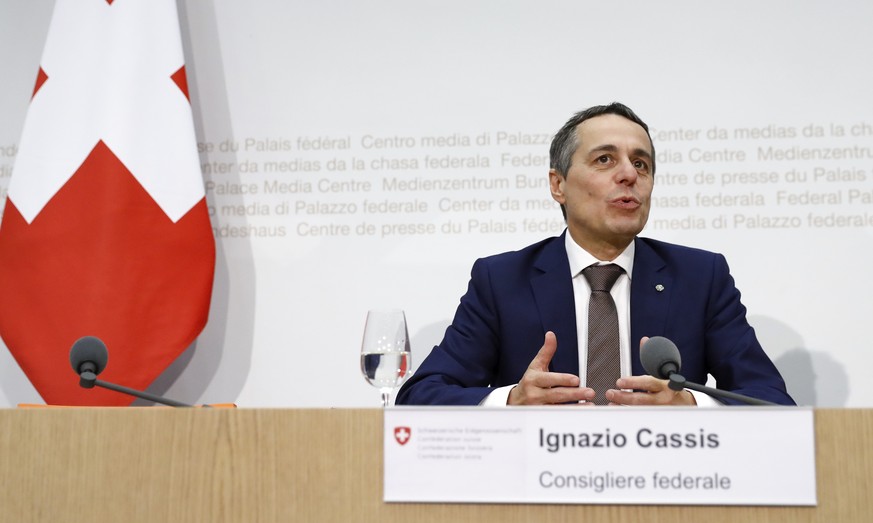 Ignazio Cassis gives his first press conference after his election as Federal Councilor by the United National Assembly, in the National Council in Bern, Switzerland, Sept. 2017. The Swiss parliament  ...