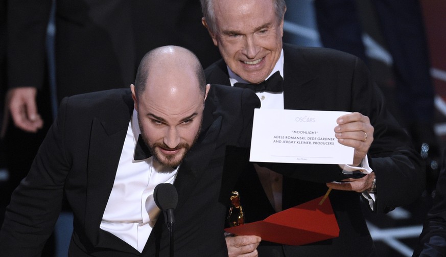 Jordan Horowitz, producer of &quot;La La Land,&quot; shows the envelope revealing &quot;Moonlight&quot; as the true winner of best picture at the Oscars on Sunday, Feb. 26, 2017, at the Dolby Theatre  ...