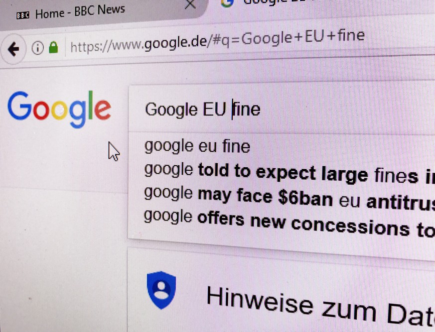 epa06052363 The Google search screen is pictured on a computer screen in Frankfurt, Germany, 27 June 2017. The European Commission on 27 June 2017 said it would fine the Google with 2.4 billion euros  ...