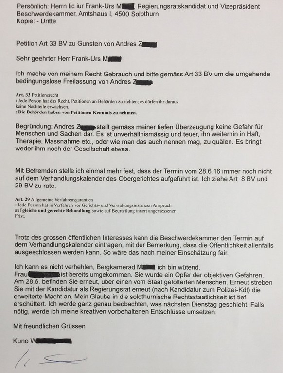 Brief von Kuno W. ans Obergericht Solothurn.&nbsp;