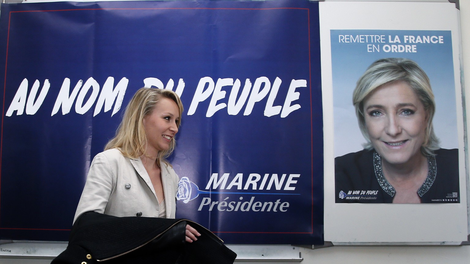 Far right National Front party regional leader for southeastern France Marion Marechal-Le Pen arrives at a press conference, Tuesday, April 11, 2017, in Bayonne, southwestern France. Marechal-Le Pen i ...