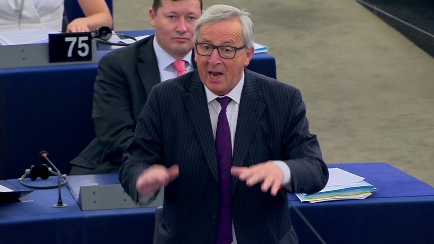 In this image taken from TV on Tuesday July 4, 2017 ﻿EU Commission President Jean-Claude Juncker speaks in the European Parliament in Strasbourg France. Juncker called the legislature “totally ridicul ...
