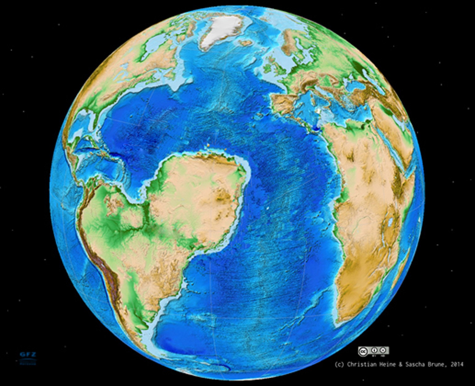 Hypothetisches Modell der Erde, wie sie heute aussehen würde, wenn Afrika sich entlang des Westafrikanischen Grabensystems gespalten hätte.&nbsp;
