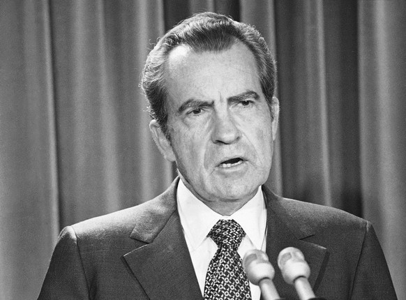 FILE - In this April 17, 1973 file photo, President Richard Nixon speaks during White House news briefing in Washington. President Donald Trump’s surprise firing of FBI Director James Comey drew swift ...