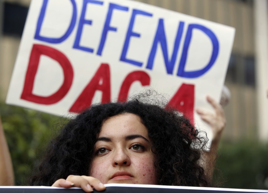 FILE - In this Sept. 1, 2017 file photo, Loyola Marymount University student and dreamer Maria Carolina Gomez joins a rally in support of the Deferred Action for Childhood Arrivals, or DACA program, o ...