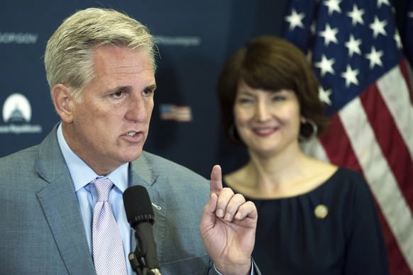House Majority Leader Kevin McCarthy of Calif., accompanied by Rep. Cathy McMorris Rodgers, R-Wash., speaks with reporters on Capitol Hill in Washington, Tuesday, May 2, 2017, following the Republican ...