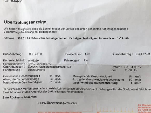 Der Strafzettel der Zürcher Stadtpolizei.