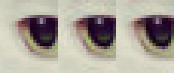 Links das Original, in der Mitte das Resultat eines herkömmlichen Bild-Kompressions-Algorithmus und rechts das mit Guetzli verkleinerte Auge mit weniger Artefakten.