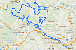 Die ungefähre Strecke der heutigen Etappe von Bad Zurzach nach Zürich.