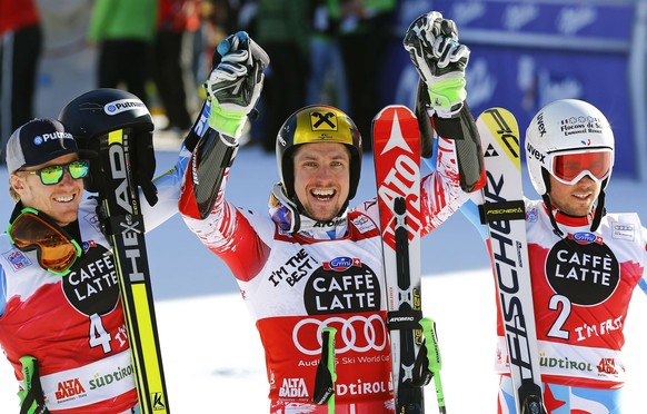 Hirscher (mitte), Ligety (links) und Fanara (rechts, wo sonst?).