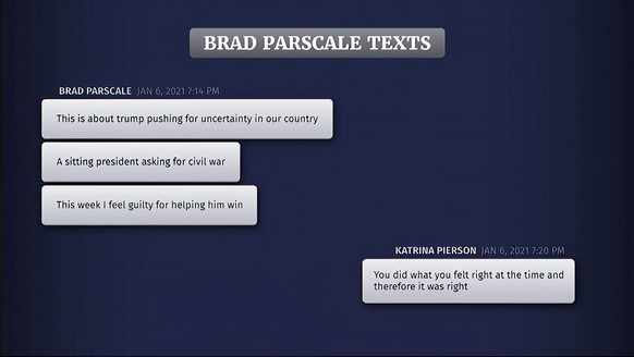 This exhibit from video released by the House Select Committee, shows texts from Brad Parscale to Katrina Pierson, displayed at a hearing by the House select committee investigating the Jan. 6 attack  ...