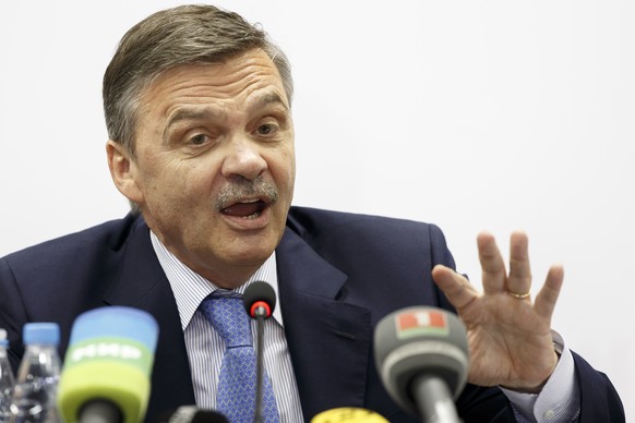 Swiss Rene Fasel, President of the International Ice Hockey Federation, IIHF, speaks to the media during a news press conference, at the 2014 IIHF Ice Hockey World Championships, in Minsk, Belarus, Mo ...