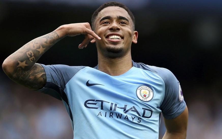 Manchester City&#039;s Gabriel Jesus celebrates scoring his side&#039;s second goal of the game, during the English Premier League soccer match between Manchester City and Leicester, at the Etihad Sta ...