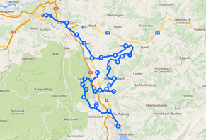 Die ungefähre Strecke der heutigen Etappe von Thun nach Bern.