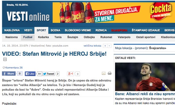 Die serbische Online-Newssite «Vesti» berichtet ebenfalls von Mitrovic, dem serbischen Helden.