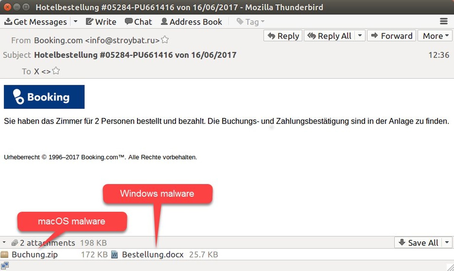 Mac-Nutzer erhalten einen präparierten Anhang mit der Datei Buchung.zip. Bei Windows-Nutzern heisst der infizierte Anhang für den E-Banking-Trojaner Retefe Bestellung.docx.