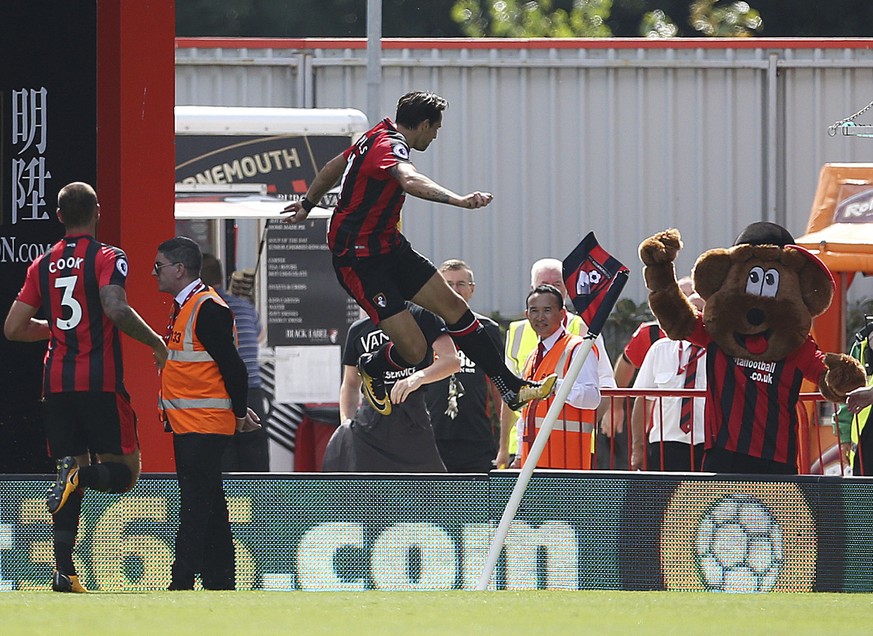 AFC Bournemouth&#039;s Charlie Daniels, centre, celebrates scoring his side&#039;s first goal during the English Premier League match, Bournemouth versus Manchester City, at the Vitality Stadium, Bour ...